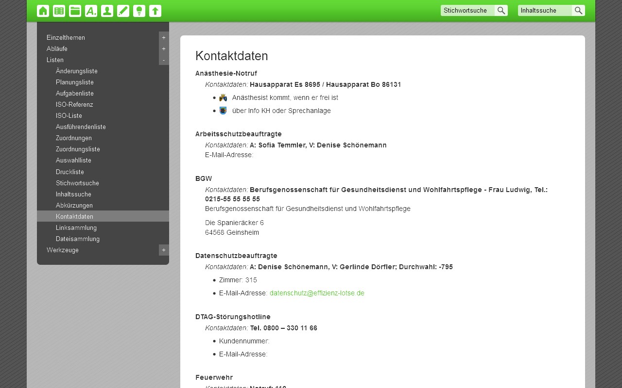 Liste aller Kontaktdaten, die im Organisationssystem Effizienz-Lotse angegeben sind