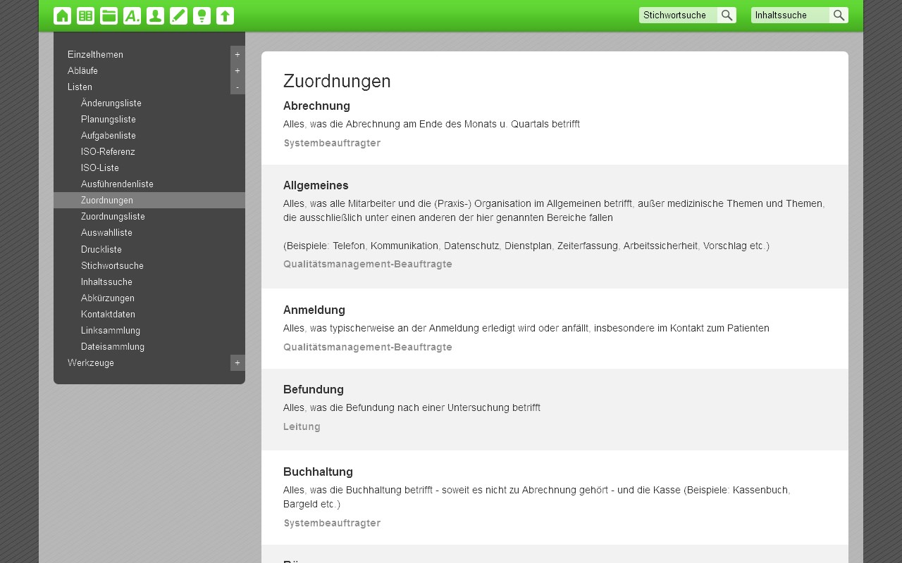 Liste Zuordnungen im Organisationssystem Effizienz-Lotse